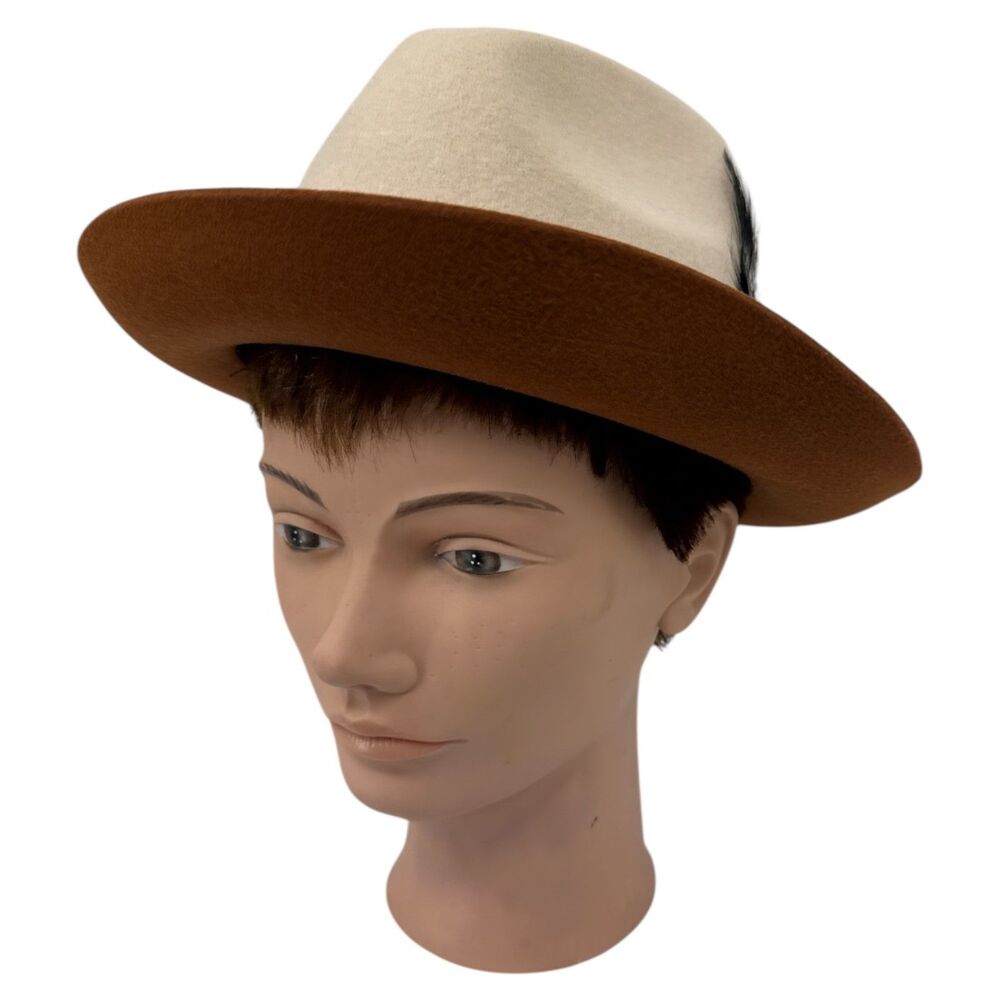 Fedora Wool Hat Medium felt raw edge snap brim 2-tone red cream pinch front - Picture 3 of 16